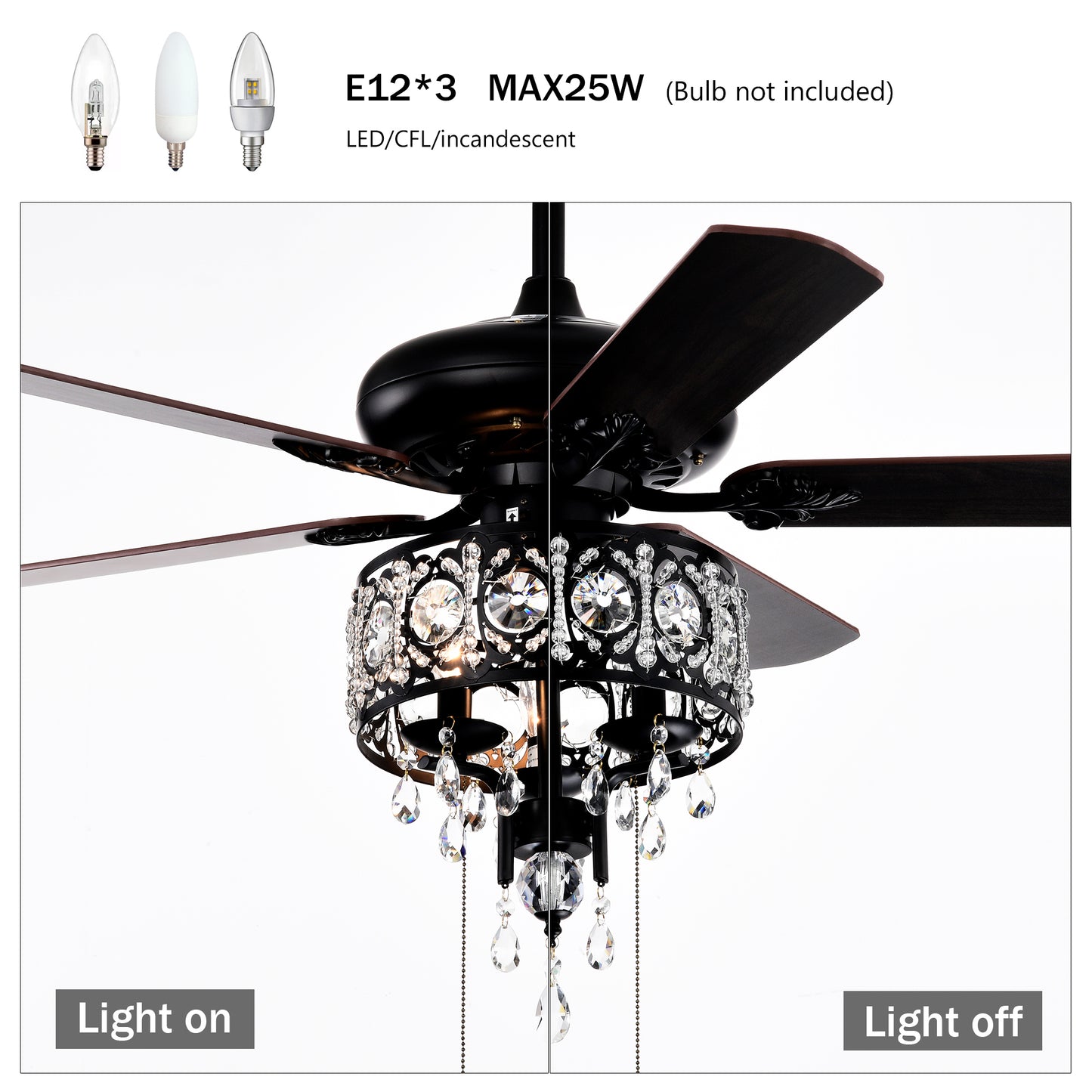 52'' Crystal Shade Ceiling Fan Lamp With Remote Control,3 Speed ,4 Timing , 5 Reversible Blades Crystal Ceiling Fan ,3PCS*E12  (NO Include Bulb) --  Hand Pull Chain