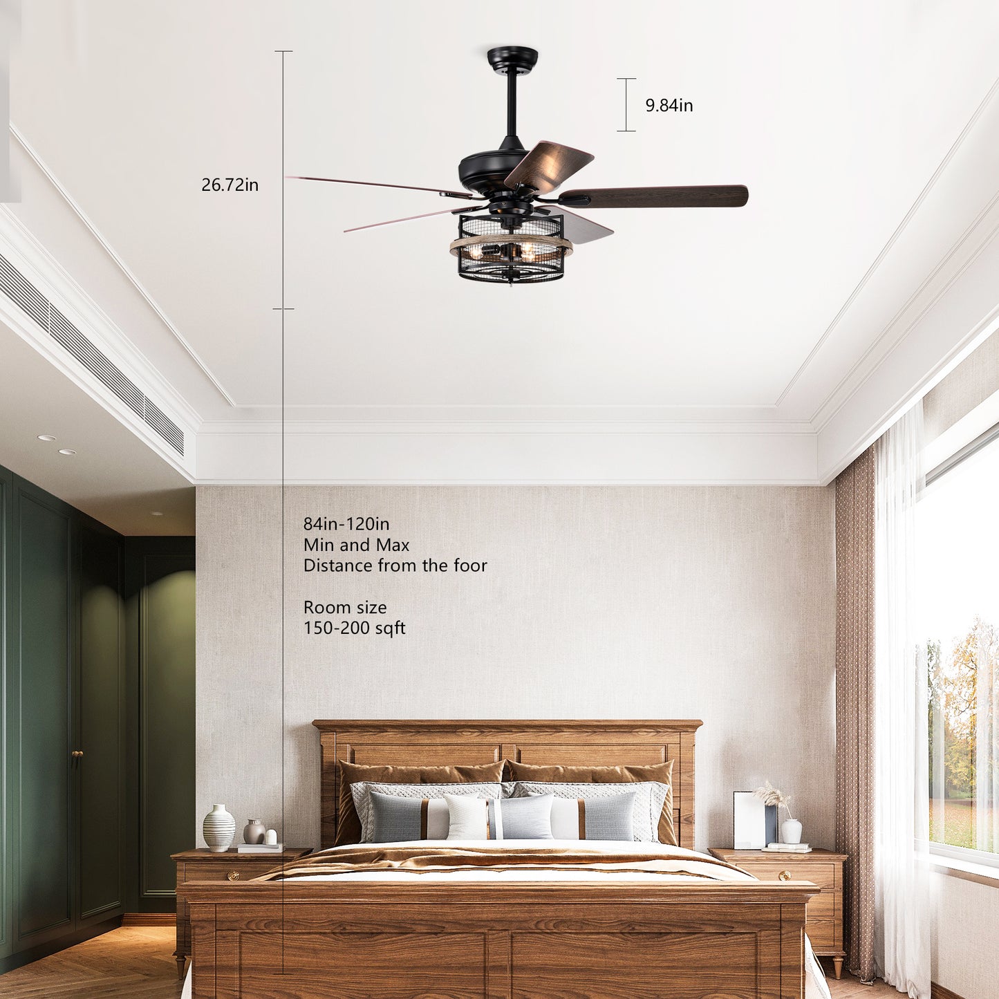 52 Inch Farmhouse Ceiling Fan with  Remote,3-Lights Ceiling Fan with  Light Fixture (No include Bulbs), Ceiling Fan for Patio,Living room,Bedroom --Black Matte+Wood Grain