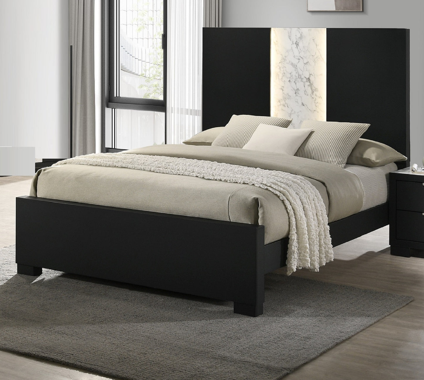 Contemporary Queen Panel LED Light Headboard Bed 1pc Black White Finish Wooden Bedroom Furniture