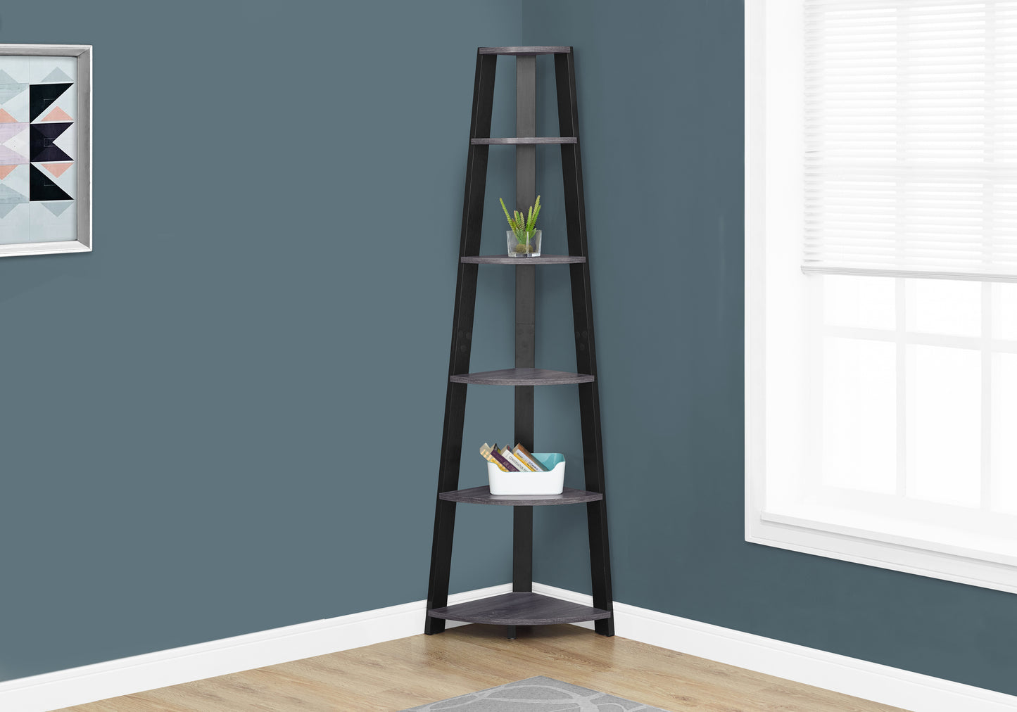 Bookshelf, Bookcase, Etagere, Corner, 5 Tier, 72"h, Office, Bedroom, Grey And Black Laminate, Contemporary, Modern