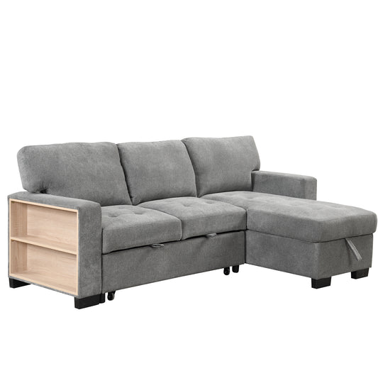 Stylish and Functional Light Chaise Lounge Sectional with Storage Rack Pull-out Bed Drop Down Table  and USB Charger Gray