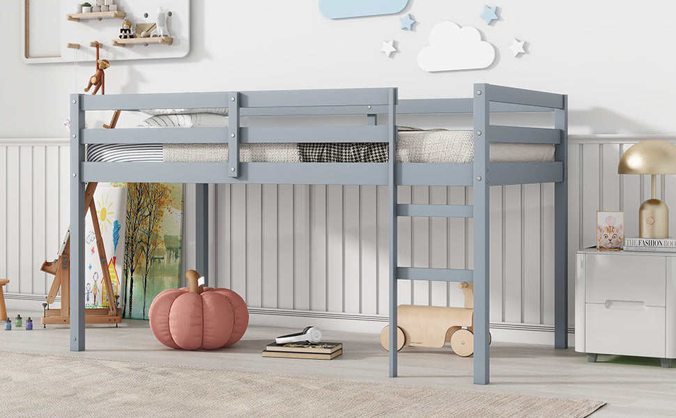 Solid Wooden, Rubber Wooden Twin Loft Bed with Ladder, Bed Platform of Strengthened Slats , Grey