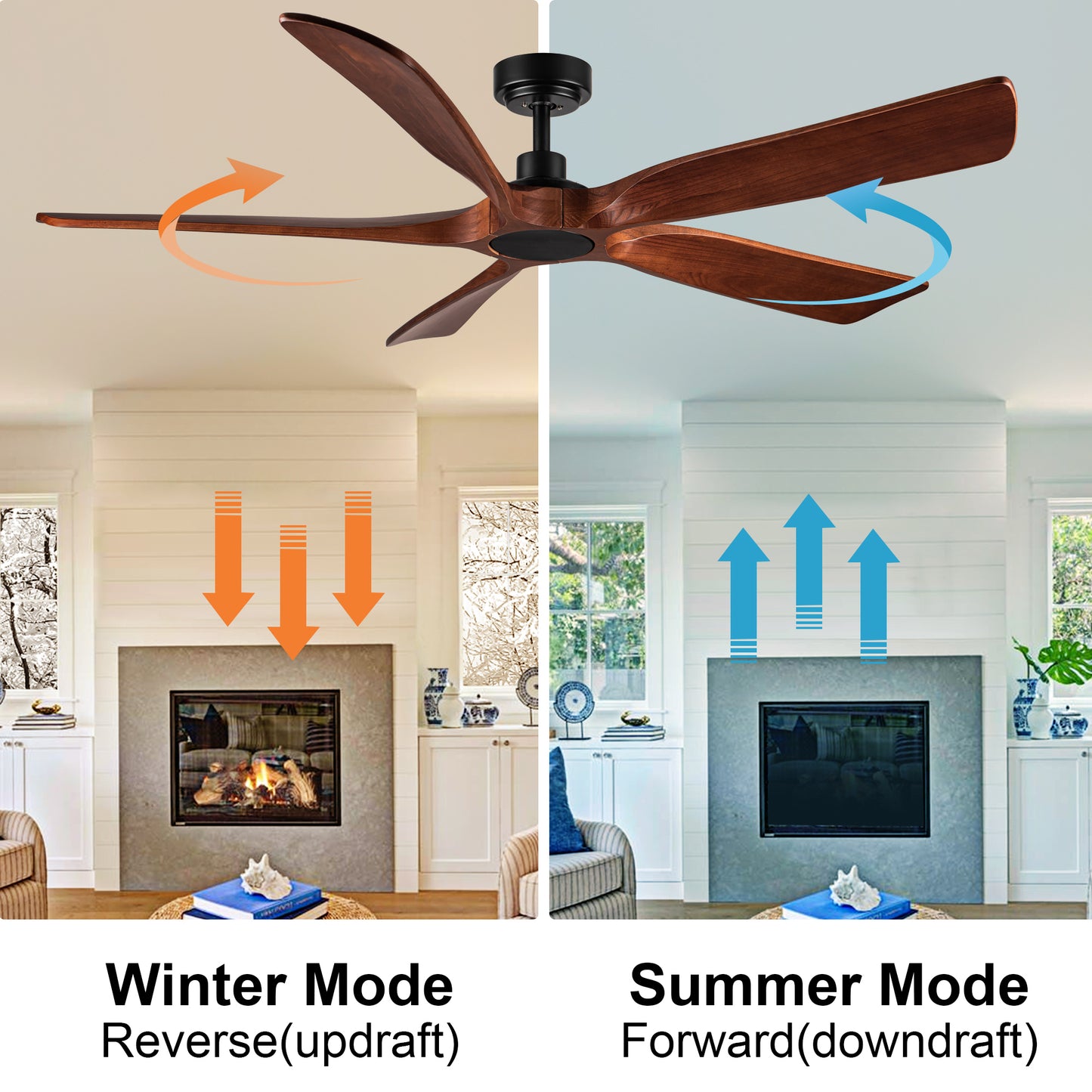 60 in. Farmhouse Walnut Wood Ceiling Fan with Remote Control,without Light