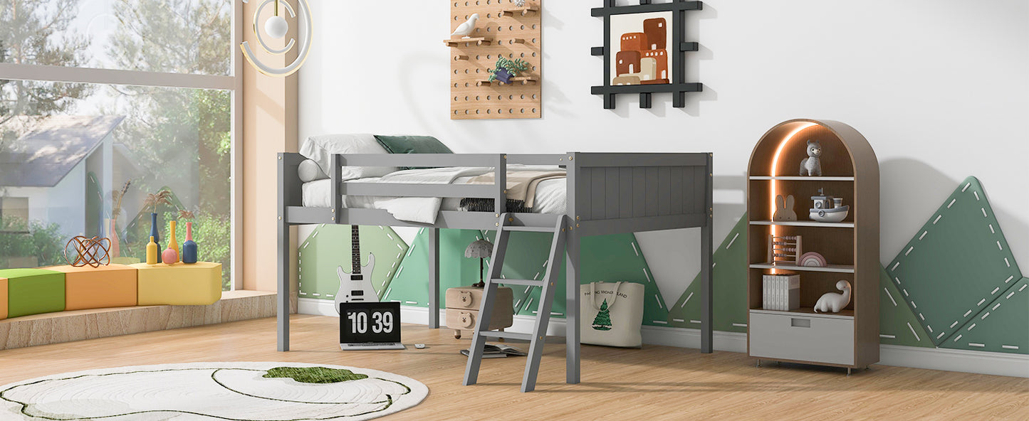 Full Size Wood Low Loft Bed with Ladder, ladder can be placed on the left or right, Gray (Old SKU:GX000366AAE)