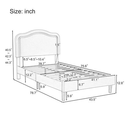 Twin Size Velvet Upholstered Smart LED Bed Frame with Adjustable Height Headboard,No Box Spring Needed,Easy Assembly,Pink