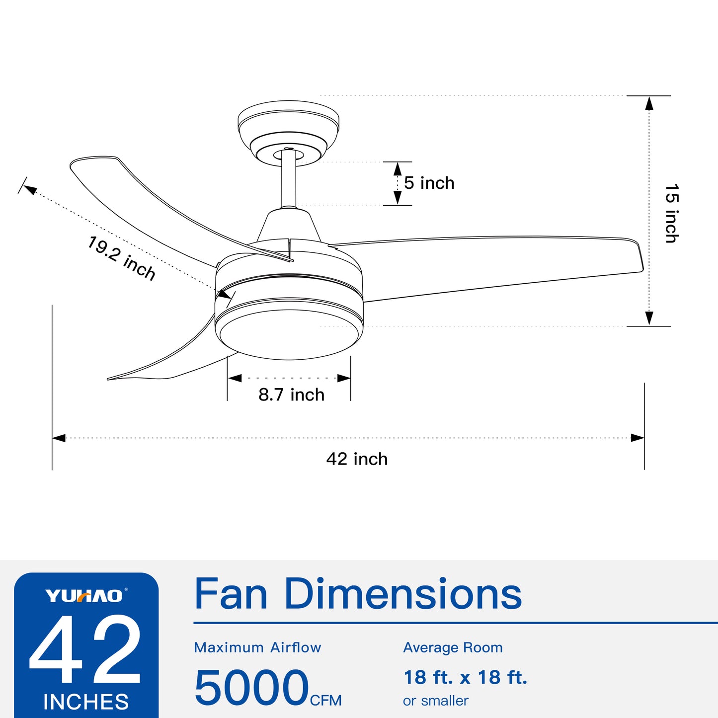 YUHAO 42-Inch 3-Blade Matte Black DC Motor Modern Contemporary LED Ceiling Fan-42 in x 42 in x 10.34 in