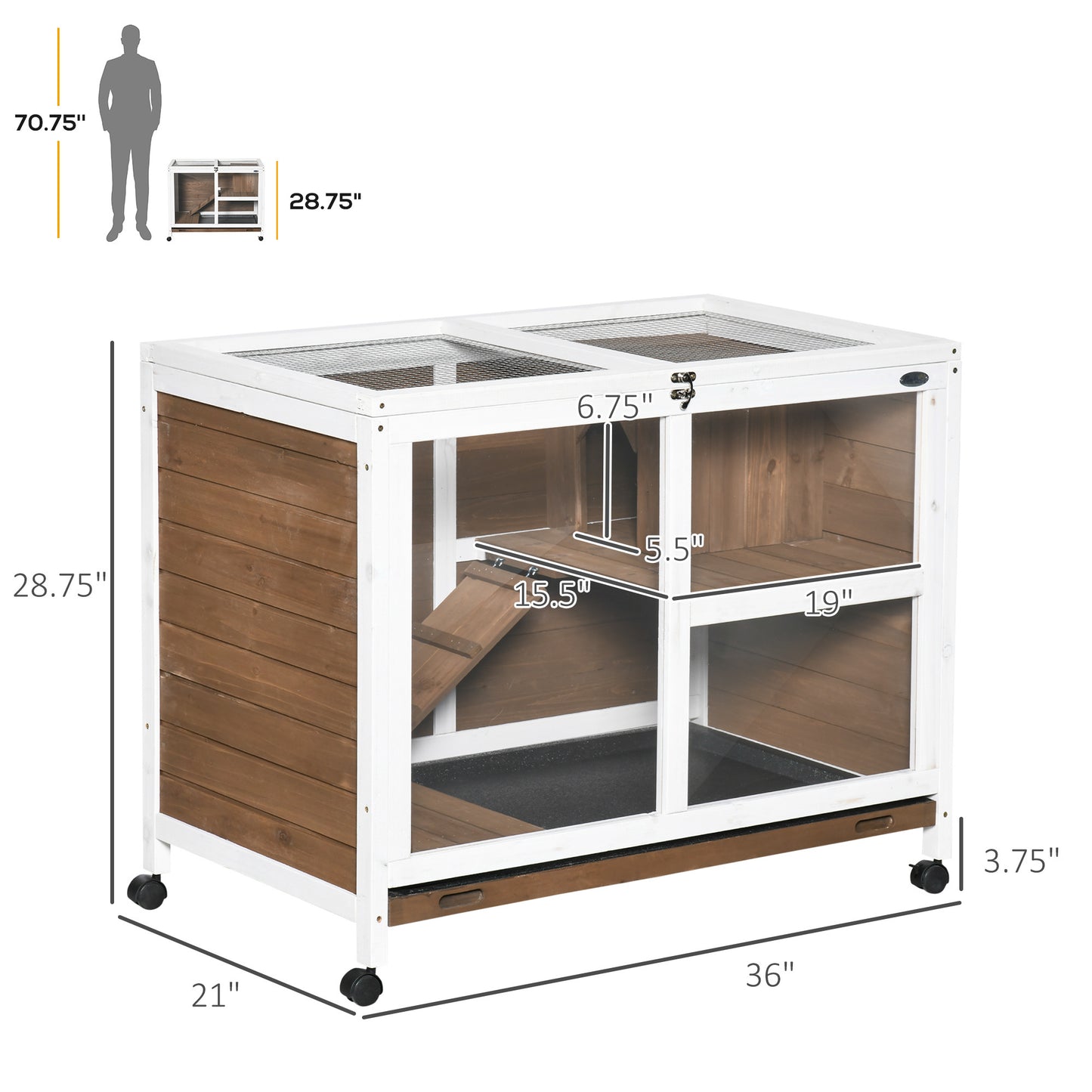 PawHut Indoor Rabbit Hutch with Wheels, Desk and Side Table Sized, Wood Rabbit Cage, Waterproof Small Rabbit Cage, Brown