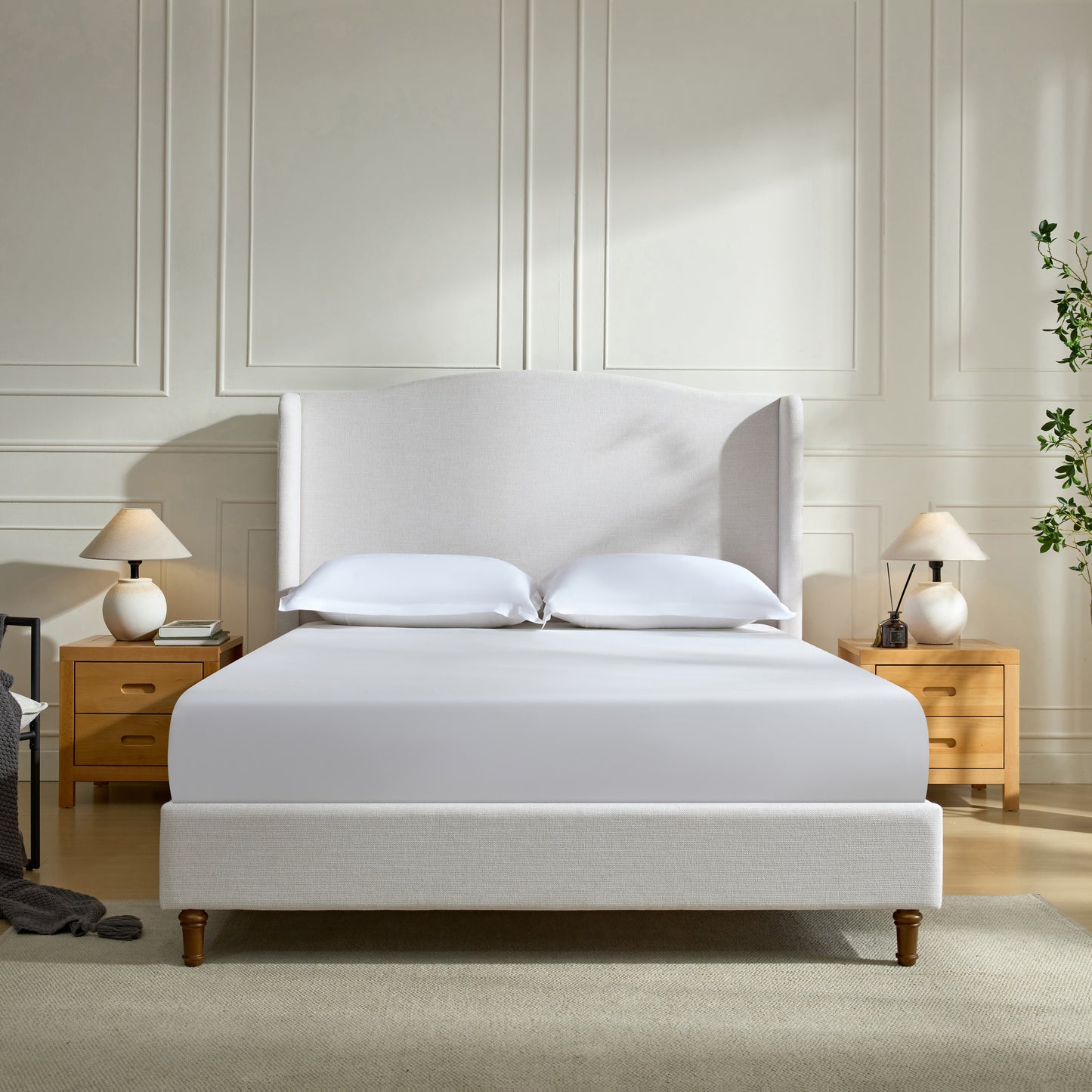 Hannah Upholstered Wingback Bed Size King / Tall 54" Headboard Upholstered King Bed / Premium Textured Canvas Chenille Look Ivory / Minimalist Designs
/ No Box Spring Needed / Easy Assembly / King