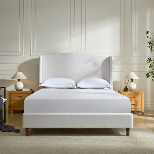 Hannah Upholstered Wingback Bed Size Queen / Tall 54" Headboard Upholstered Queen Bed / Premium Textured Canvas Chenille Look Ivory / Minimalist Designs / No Box Spring Needed / Easy Assembly / Queen