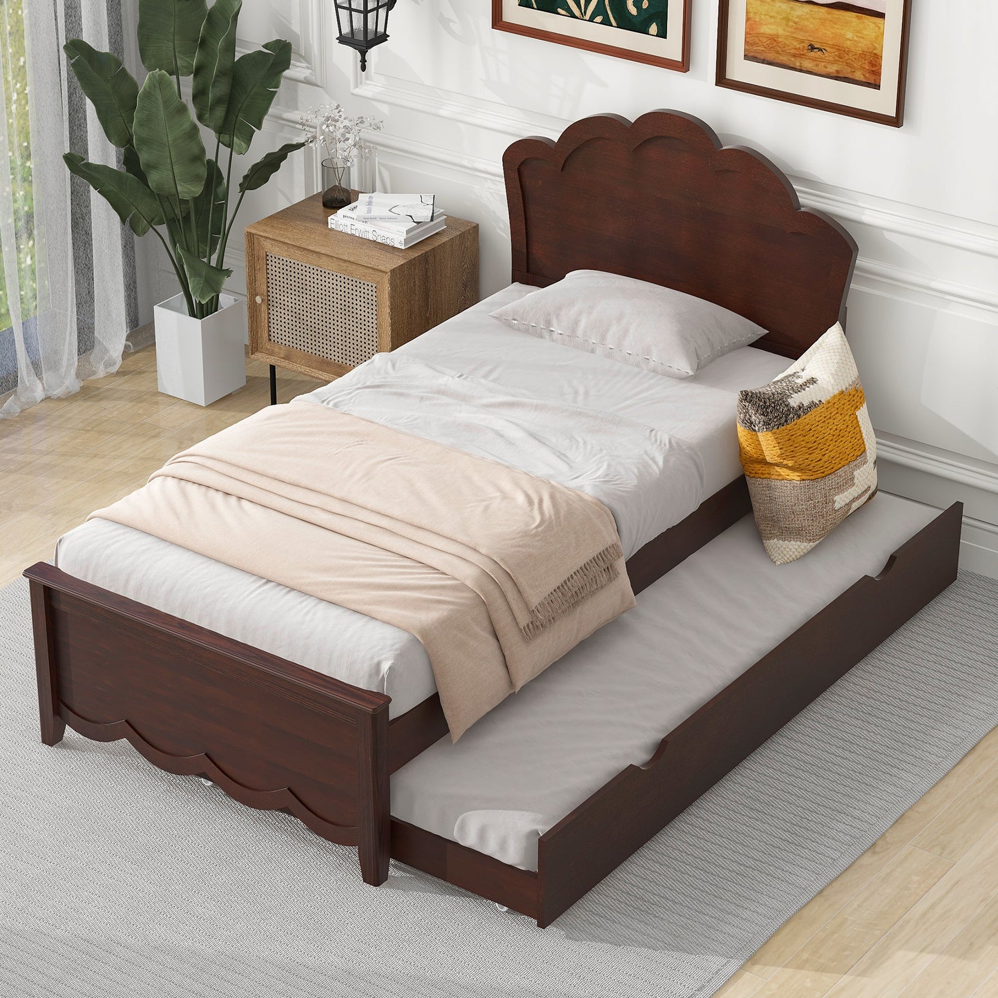 Twin Size Wood Platform Bed with Headboard and Twin Size Trundle, Cappuccino