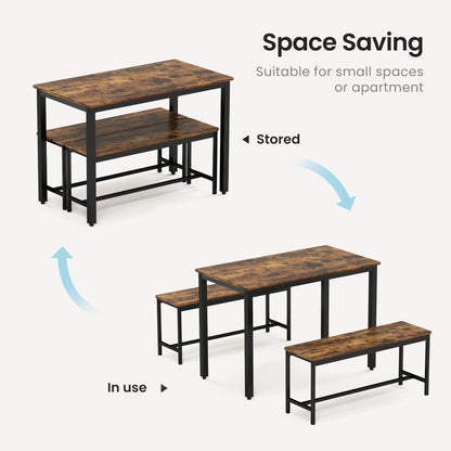 Dining Table Set, Bar Table with 2 Dining Benches, Kitchen Table Counter with Chairs, Industrial for Kitchen Breakfast Table, Living Room, Party Room, Rustic Brown and Black,43.3″L x23.6″W x 29.9″H