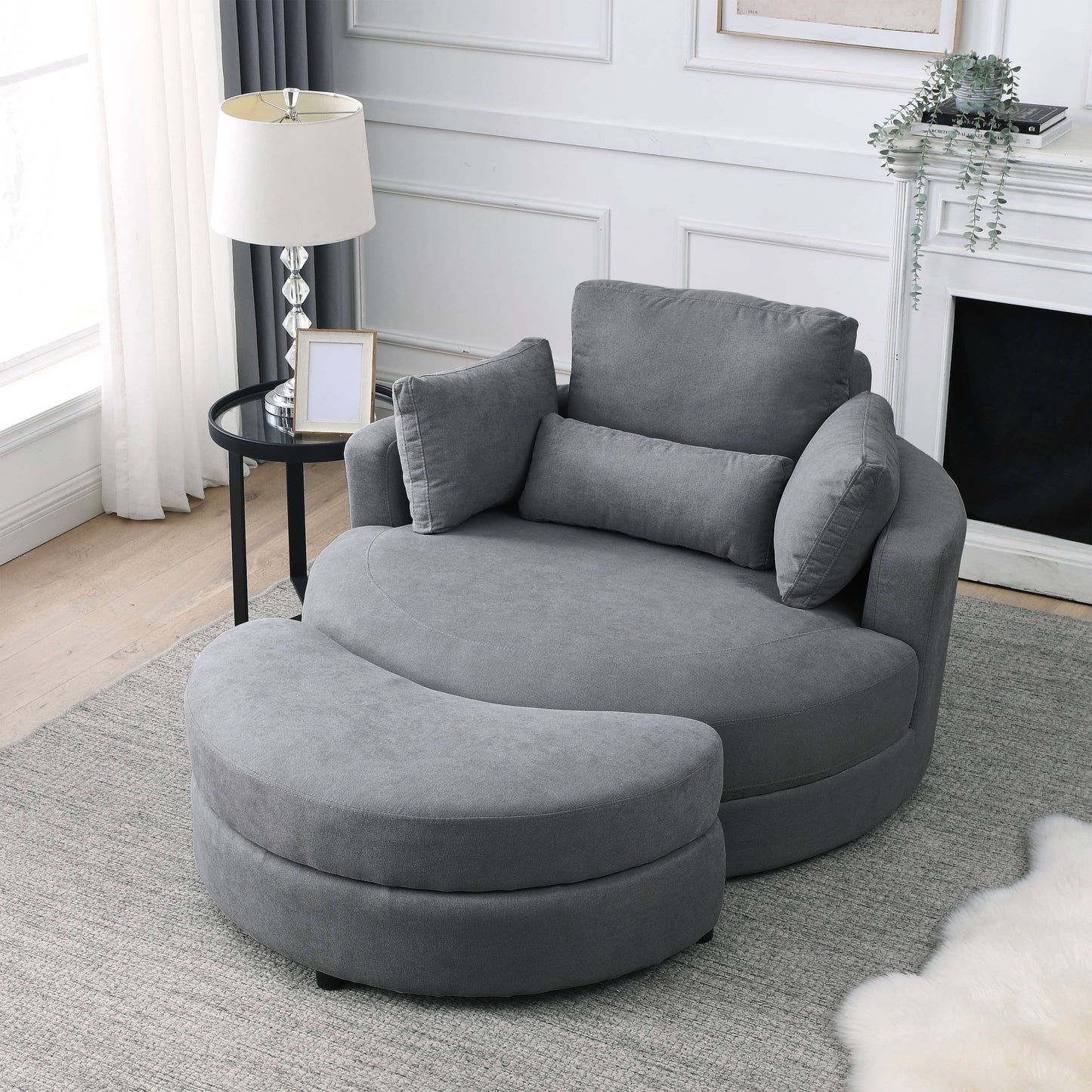 Welike Swivel Accent Barrel Modern Dark Grey Sofa Lounge Club Big Round Chair with Storage Ottoman Linen Fabric for Living Room Hotel with Pillows,2PCS.