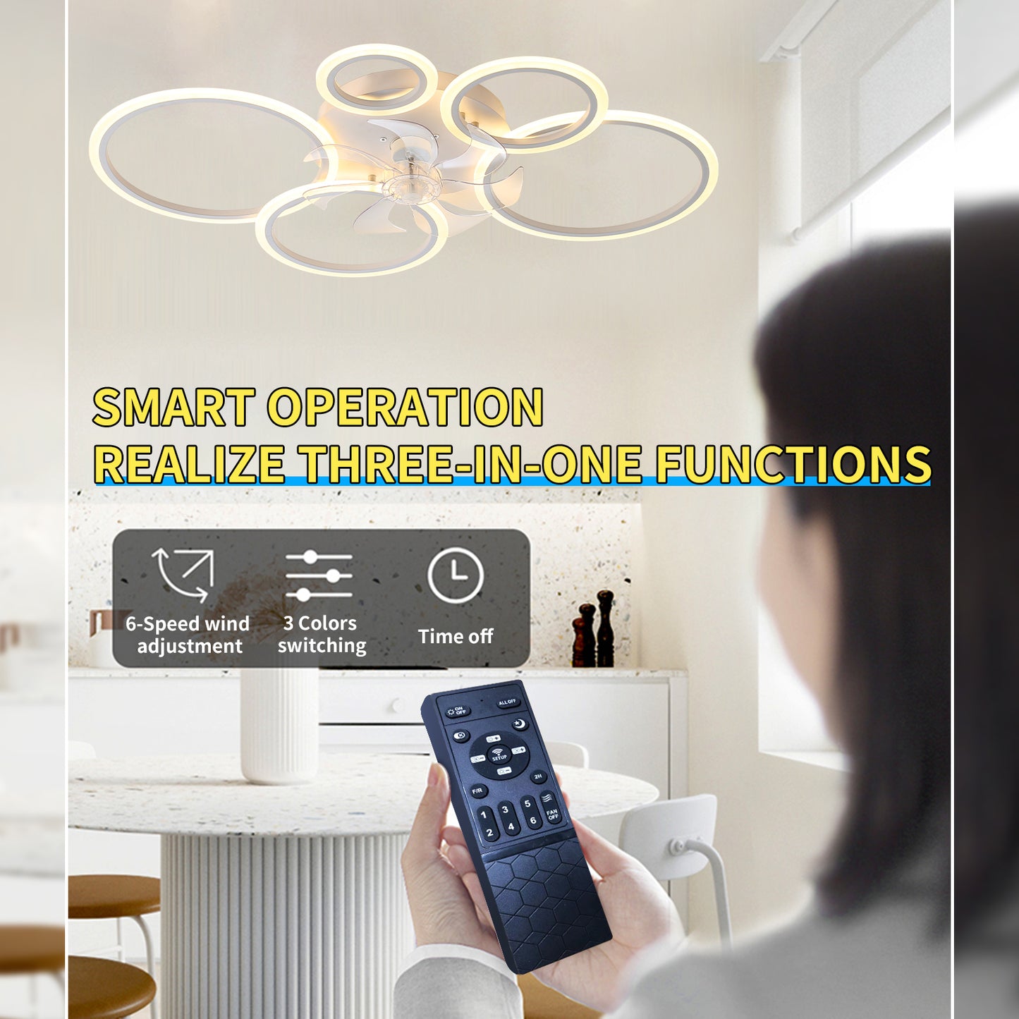 39Inches White Ceiling Fan with Lights, Remote Control and APP Control, Dimmable with Remote, 7 Blades, 6 Speeds of Wind