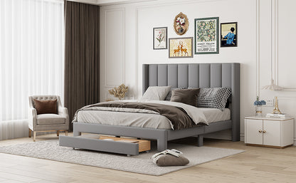 Queen Size Storage Bed Velvet Upholstered Platform Bed with a Big Drawer - Gray(old sku:WF296854AAE)