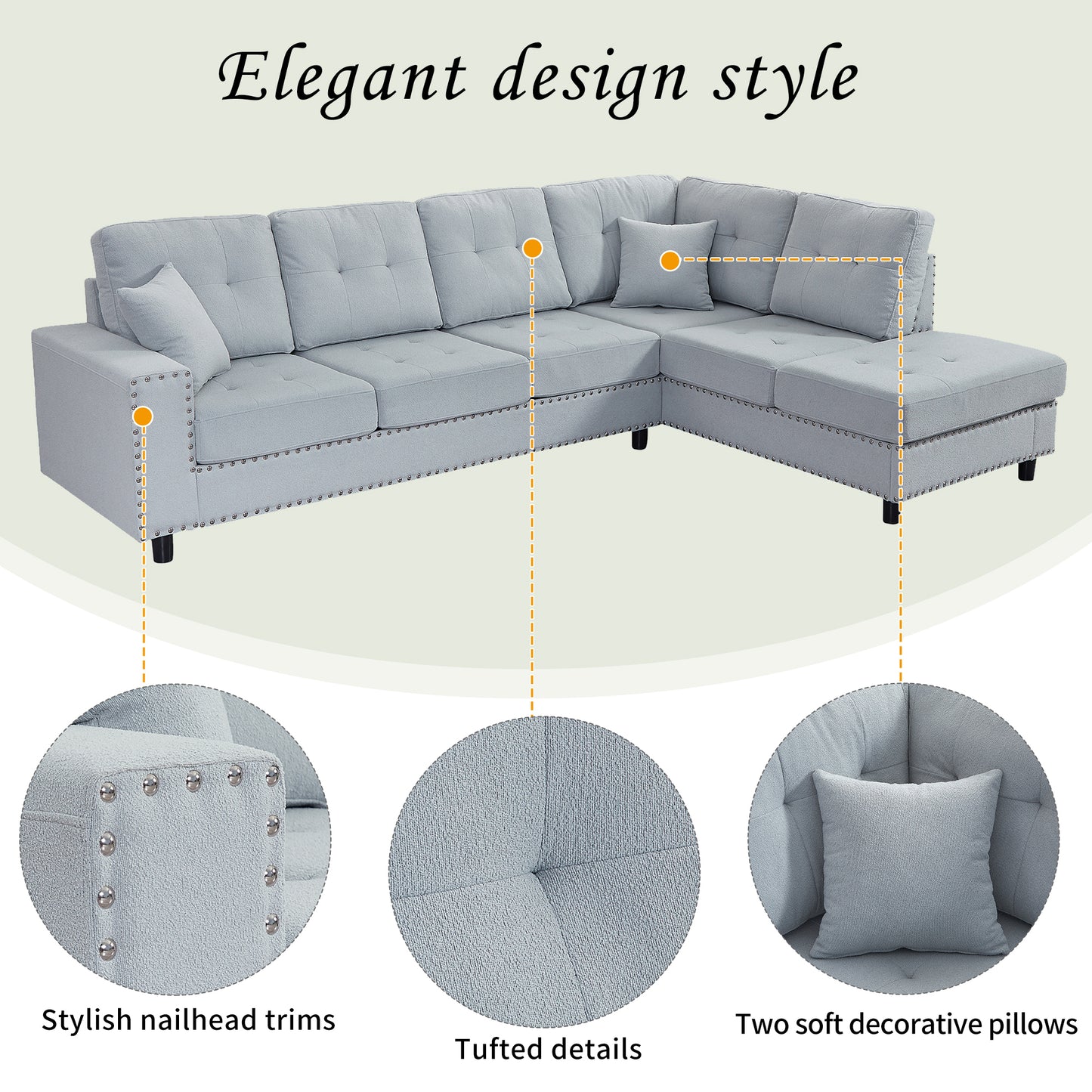 U_Style 109.2''L-shaped Modular Sectional Sofa with Removable  Back Cushions and 2 Pillows, Suitable for Living rooms, Offices, and Apartments