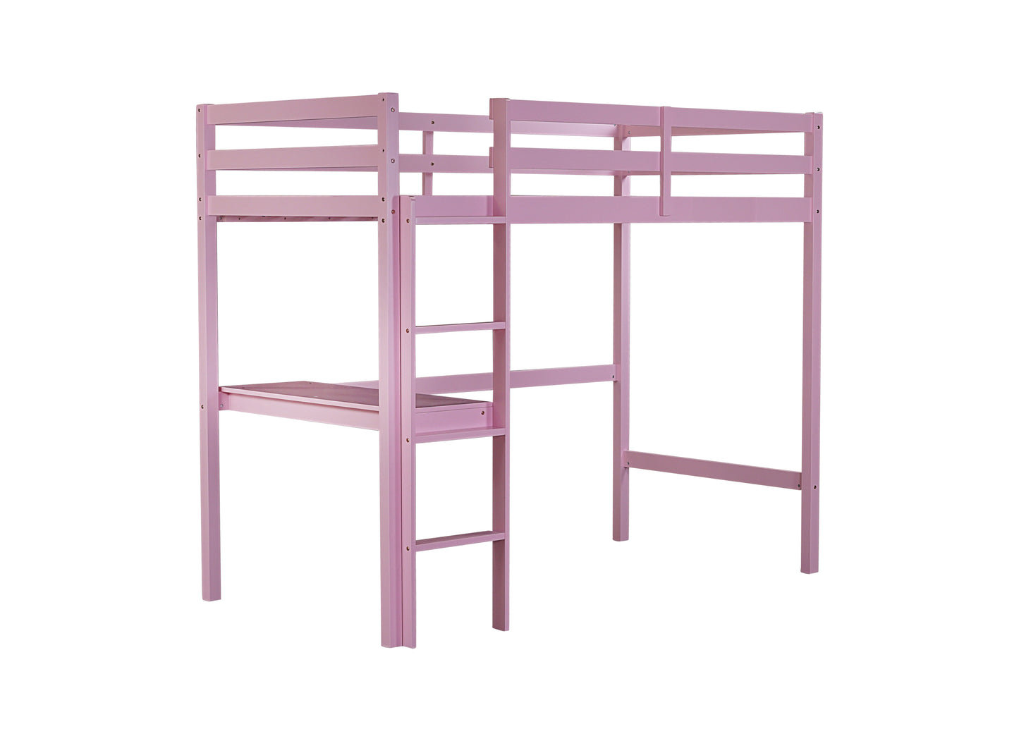 Twin High Loft Bed, Rubber Wood  Loft Bed with Safety Guardrail, built-in desk, ladder,Pink