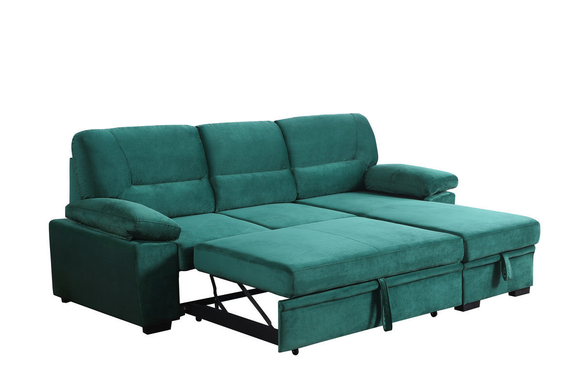 Kipling 97.5" Green Velvet Fabric Reversible Sleeper Sectional Sofa Chaise