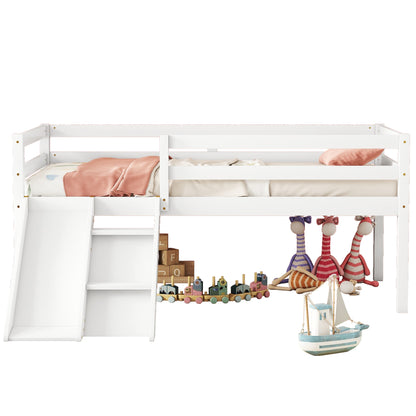 Twin Low Loft Bed with Slide,  Ladder, Safety Guardrails, No Box Spring Needed,White