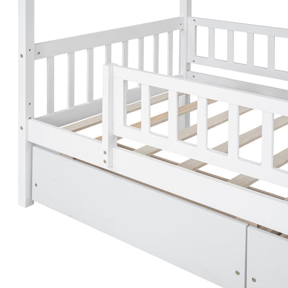 Twin Size Wooden House Bed with Two Drawers, White