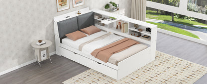 Wood Twin Size platform bed with Trundle, Shelves and Storage Headboard, White