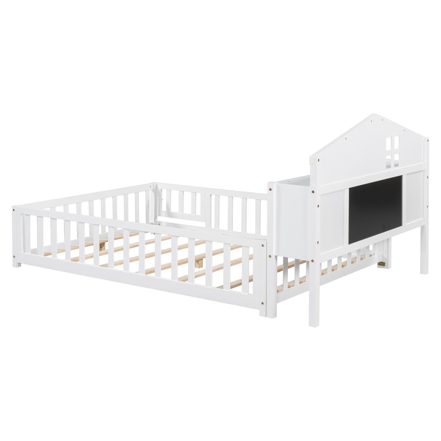 Full-size Montessori Floor Bed with Bookcases and Blackboards, Versatile Platform Beds with Guard rails, Solid Wood Floor Beds with Storage Headboards, Floor Beds for Kids and Teens White
