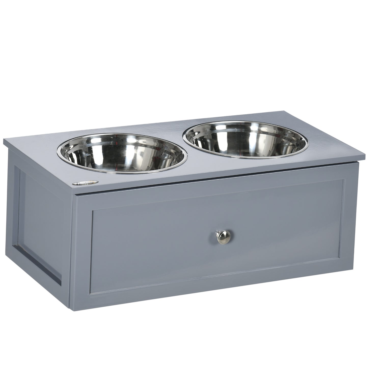 PawHut Elevated Dog Bowls, Raised Dog Bowl Stand with Storage, 2 Stainless Steel Bowls, Pet Feeding Station for Medium Dogs, Indoor Use, 23.6" x 11.8" x 9.4", Gray