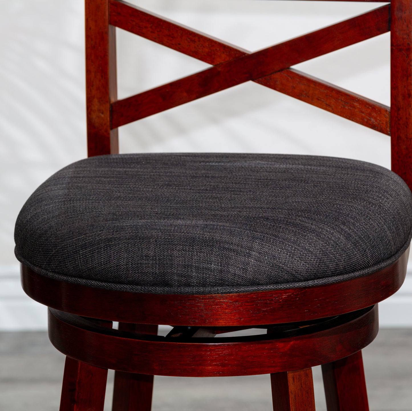 24" Counter Height X-Back Swivel Stool, Cherry Finish, Charcoal Fabric Seat