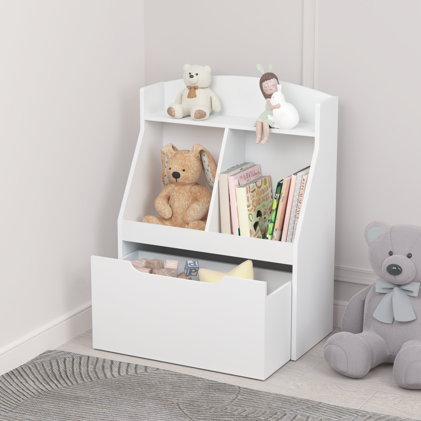 Kids Bookshelf with Drawer and Wheels, Children's Book Display,  Wooden Bookcase, Toy Storage Cabinet Organizer, White