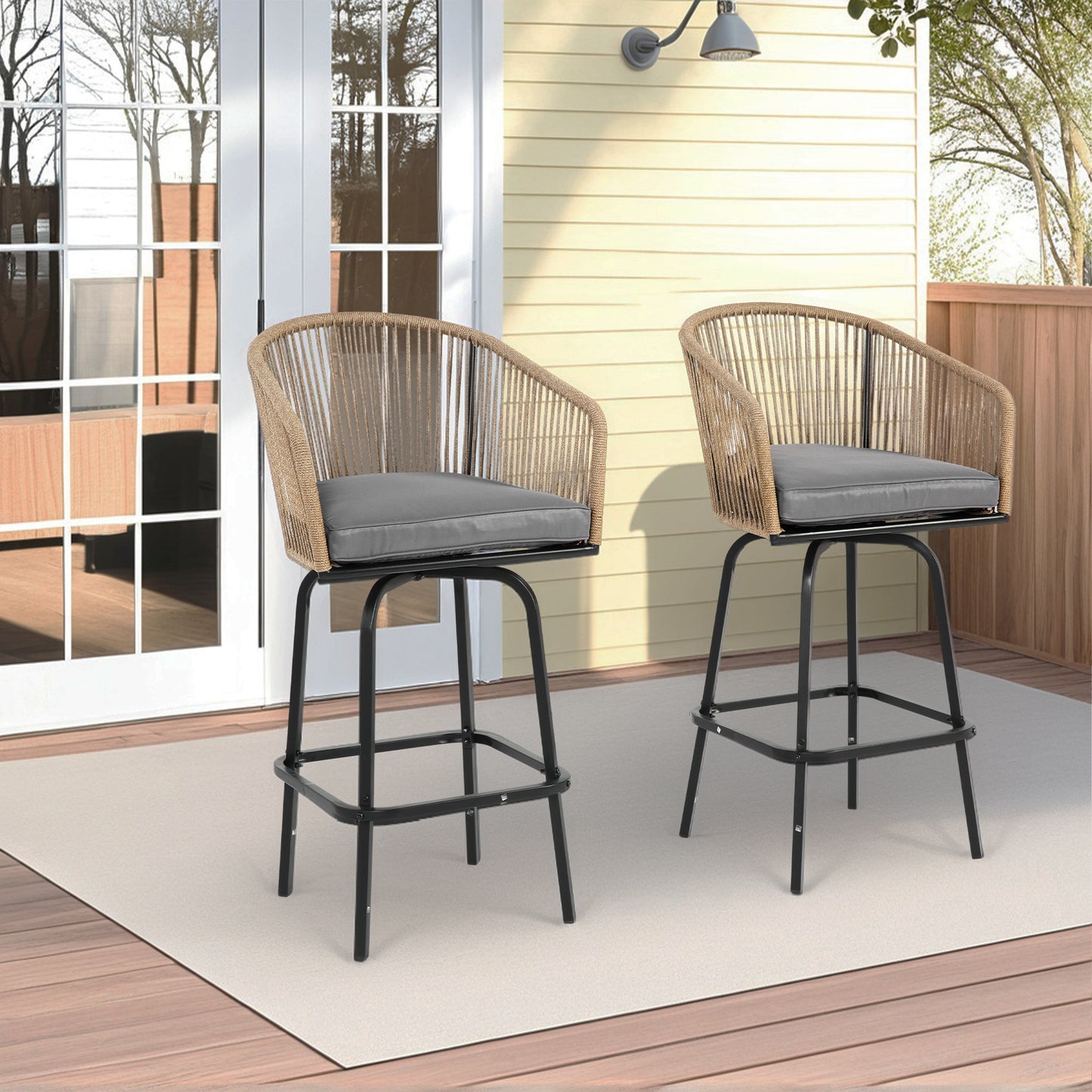 Outdoor Bar Stools Set of 2, 2-Piece Patio Bar Stools with Armrests, All Weather Rattan Bar Chairs with Backrest, Wicker Bar Stools for Backyard, Garden, Pool, Balcony and Deck- Gery