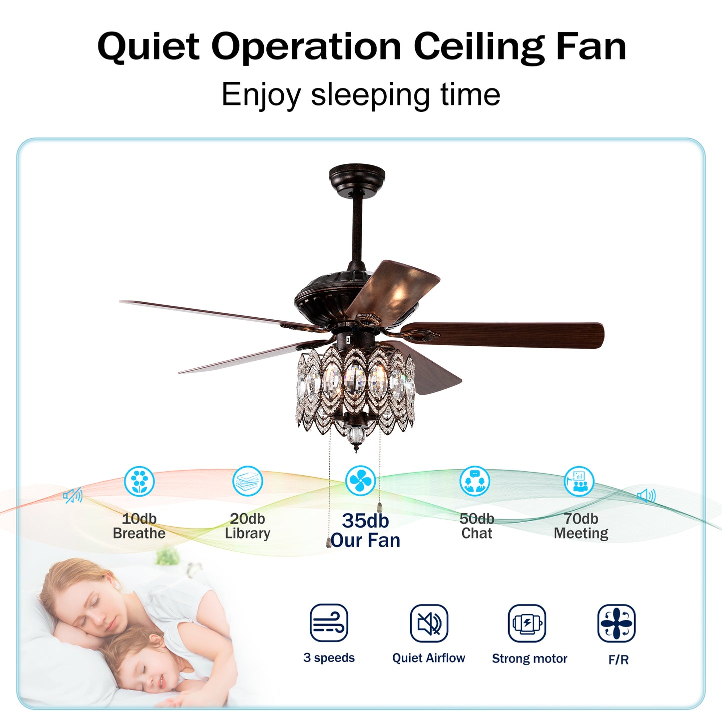 52'' Classical Crystal Ceiling Fan Lamp,3 Speed , 5 Reversible Blades for Living Room, Dining Room, Bedroom, Family Room, Rustic bronze ,3PCS*E12  (NO Include Bulb, Hand Pull Chain)