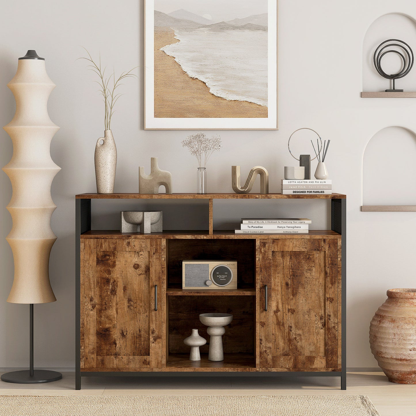 Sideboard, storage cabinet with open shelves for kitchen dining room living room, industrial style, Rustic Brown, 43.7x15.74x31.5Inches