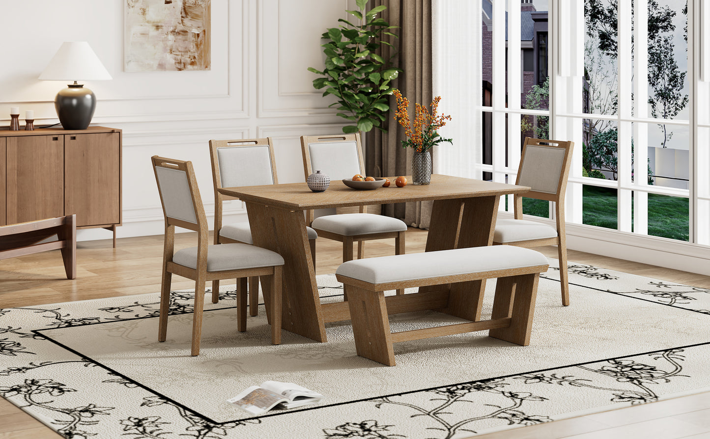 TREXM 6-Piece Retro Dining Set, 1 Rectangular Table with Stable Trapezoidal Table Base and 4 Upholstered Chairs and 1 Bench for Dining Room and Kitchen (Natural Wood Wash)