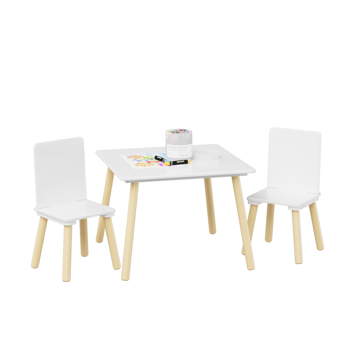 Kids Table and 2 Chairs Set, 3 Pieces Toddler Table and Chair Set, Wooden Activity Play Table Set (White)