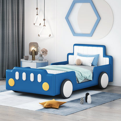 Twin Size Race Car-Shaped Platform Bed with Wheels,Blue