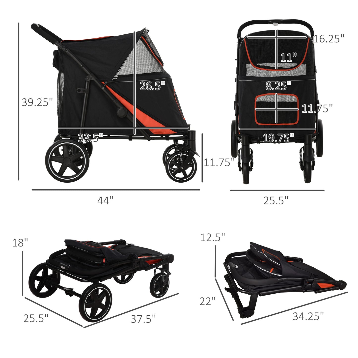 PawHut 1-Click Foldable Doggy Stroller for Medium Large Dogs, Pet Stroller with Storage, Smooth Ride with Shock Absorption, Mesh Window, Safety Leash, Big Dog Walking Stroller, Black