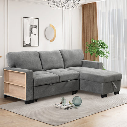 Stylish and Functional Light Chaise Lounge Sectional with Storage Rack Pull-out Bed Drop Down Table  and USB Charger Gray