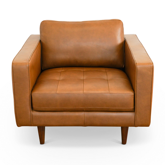 Catherine Mid-Century Modern Leather Lounge Chair with Walnut Legs in Tan Genuine Leather 32.5'H x 40'W x 38.5'D for Living Room Bedroom Waiting Room