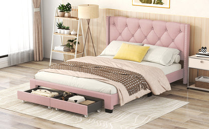 Queen Size Storage Bed Linen Upholstered Platform Bed with Two Drawers - Pink