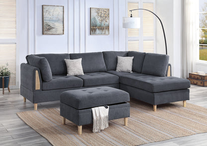 3-PCS Reversible Sectional Set Living Room Furniture Charcoal Color Chenille Couch Sofa, Reversible Chaise Ottoman