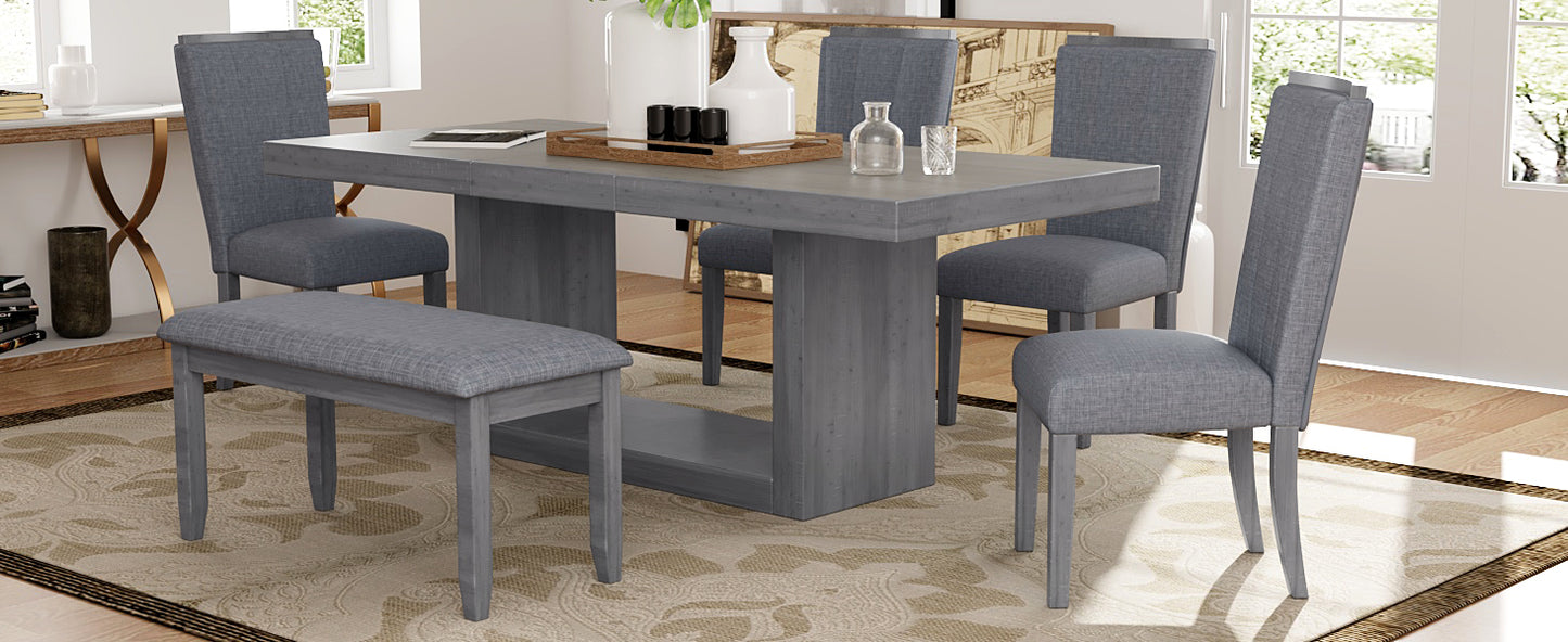 TOPMAX Contemporary 6-Piece 78inch Extendable Pedestal Dining Table Set with 18inch Removable Leaf and Dining Bench, 4 Upholstered Dining Chairs, Gray