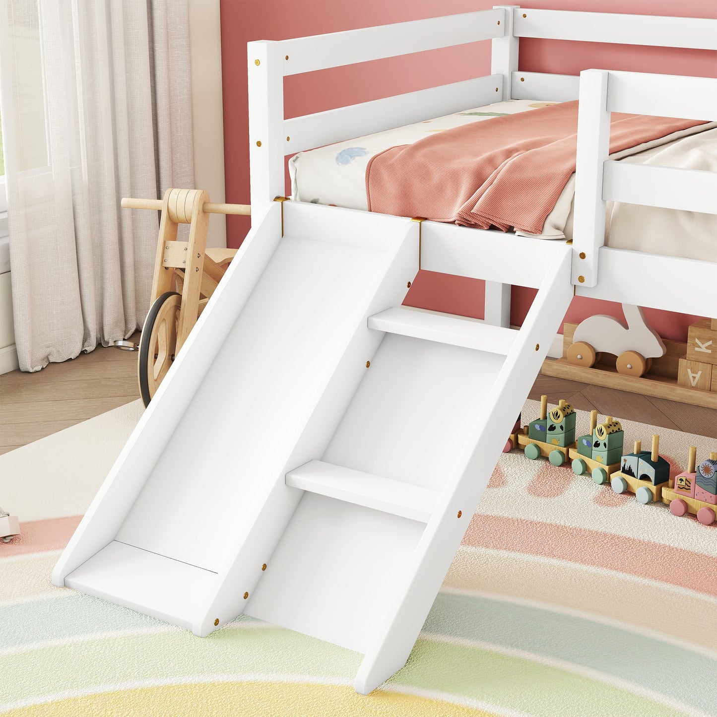 Twin Low Loft Bed with Slide,  Ladder, Safety Guardrails, No Box Spring Needed,White