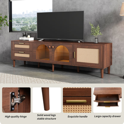 Rattan TV Stand with 3 Cabinets & 2 Drawers, Rattan-inspired Media Console Table for TVs up to 80'', LED Light Entertainment Center, TV cabinet for Living room, Bedroom, Home Theatre