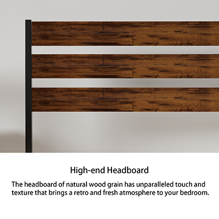 Iron Platform Bed Frame with Rustic Wood Headboard & Footboard (Queen Size) - Brown