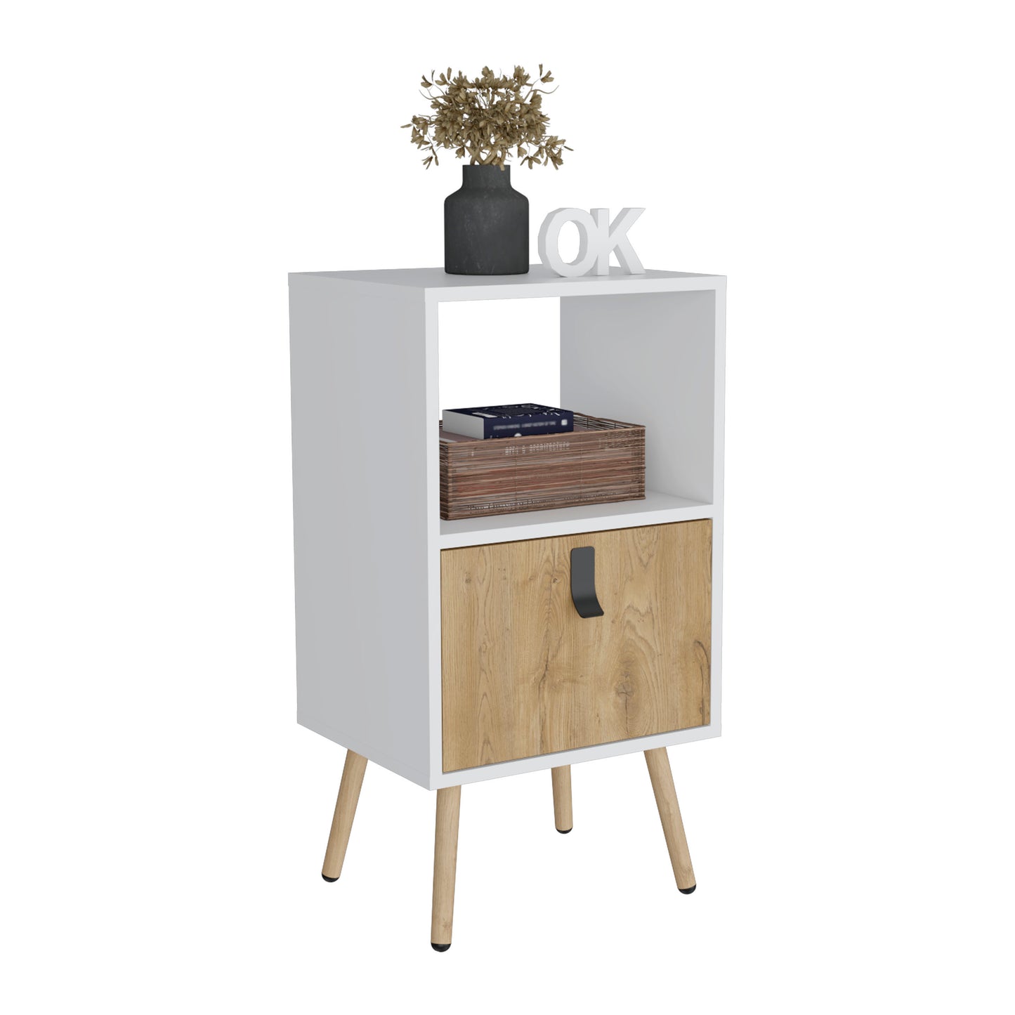 Tall Nightstand 29"H, with One Drawer and Functional Storage, White / Macadamia