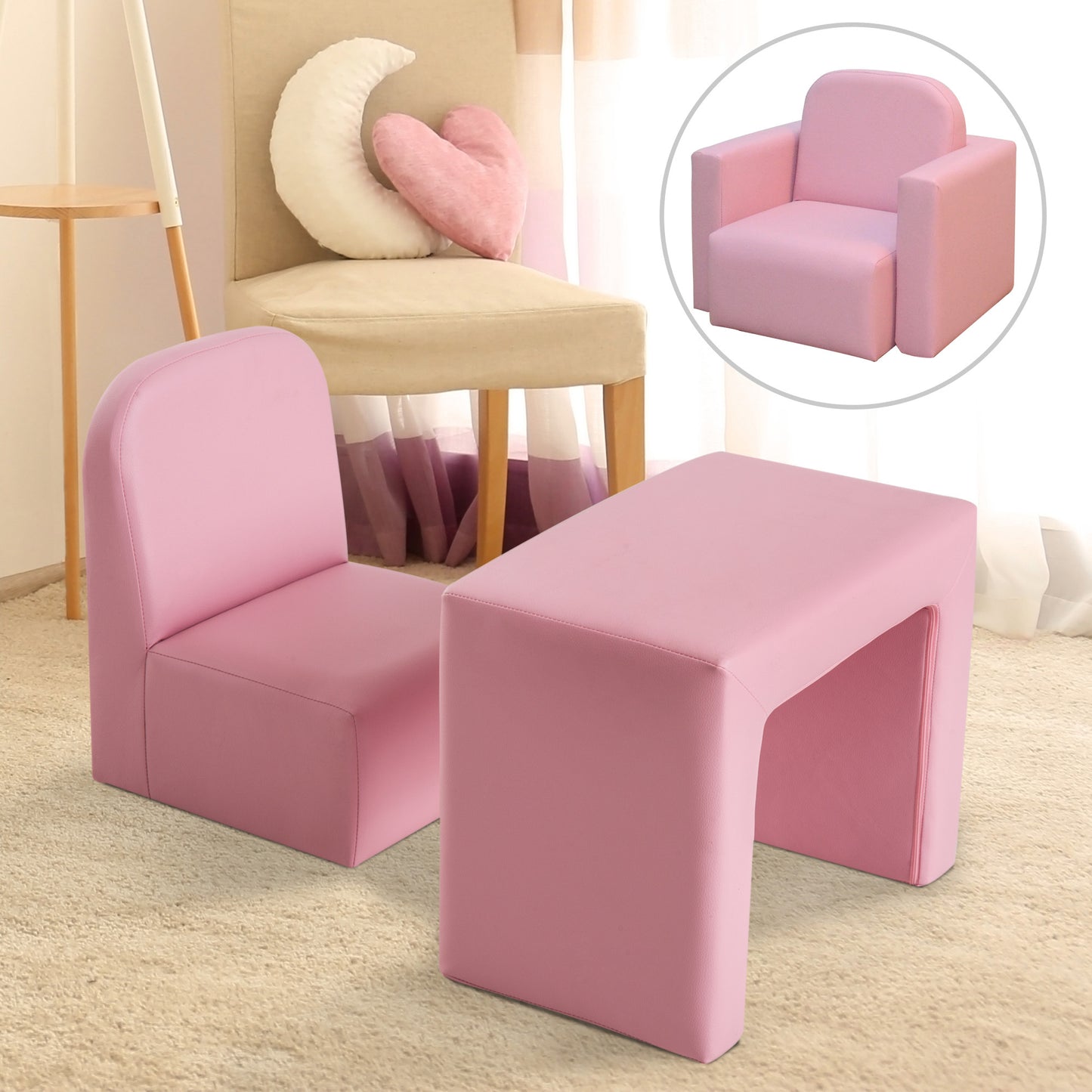 2-in-1 Multifunctional Kids Sofa Convertible Table and Chair Set for 3 years old Boys Girls, Pink