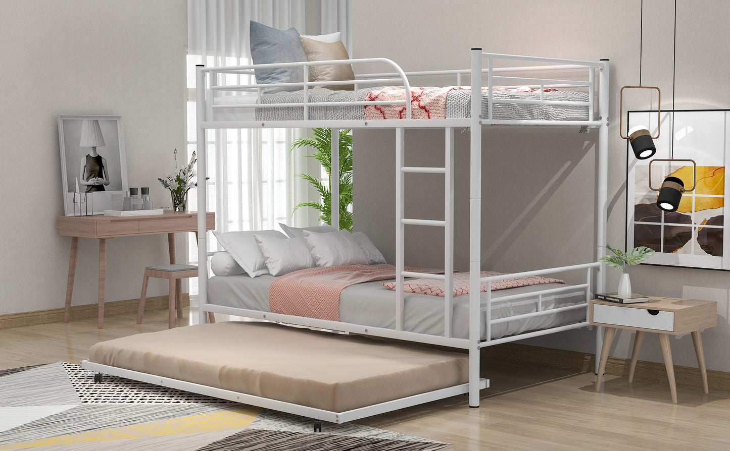 Twin-Over-Twin Metal Bunk Bed With Trundle,Can be Divided into two beds,No Box Spring needed ,White ( old sku: MF194806AAK )