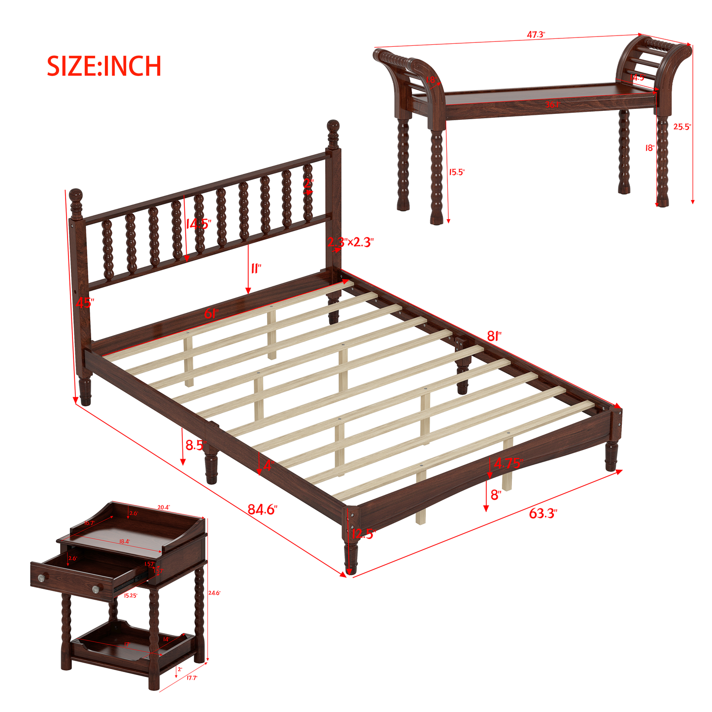 4-Pieces Retro Style Bedroom Sets, Queen Size Platform Bed with Gourd Shaped Headboard, Storage Nightstand and Bench with Turned Legs, Walnut