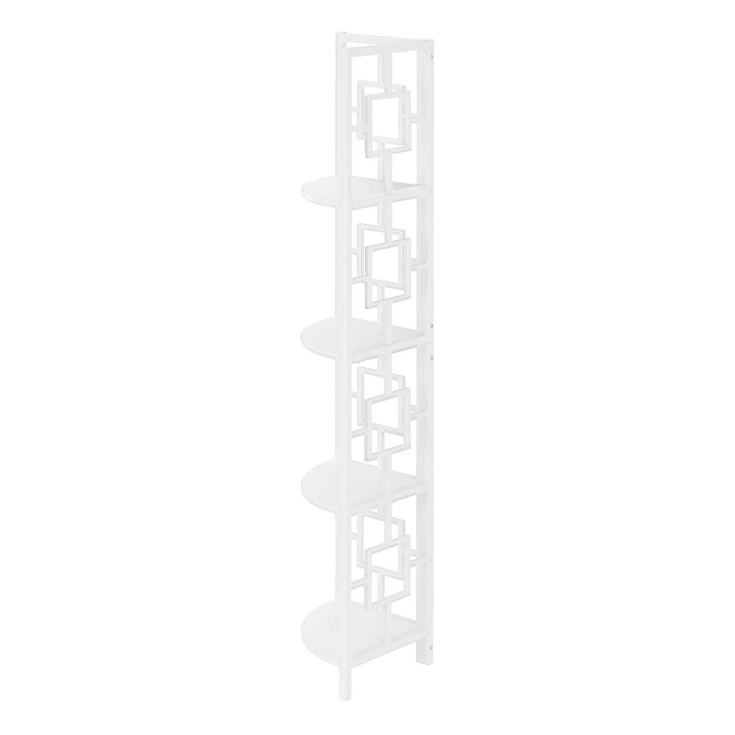 Bookshelf, Bookcase, Etagere, Corner, 4 Tier, 62"h, Office, Bedroom, White Laminate, White Metal, Contemporary, Modern