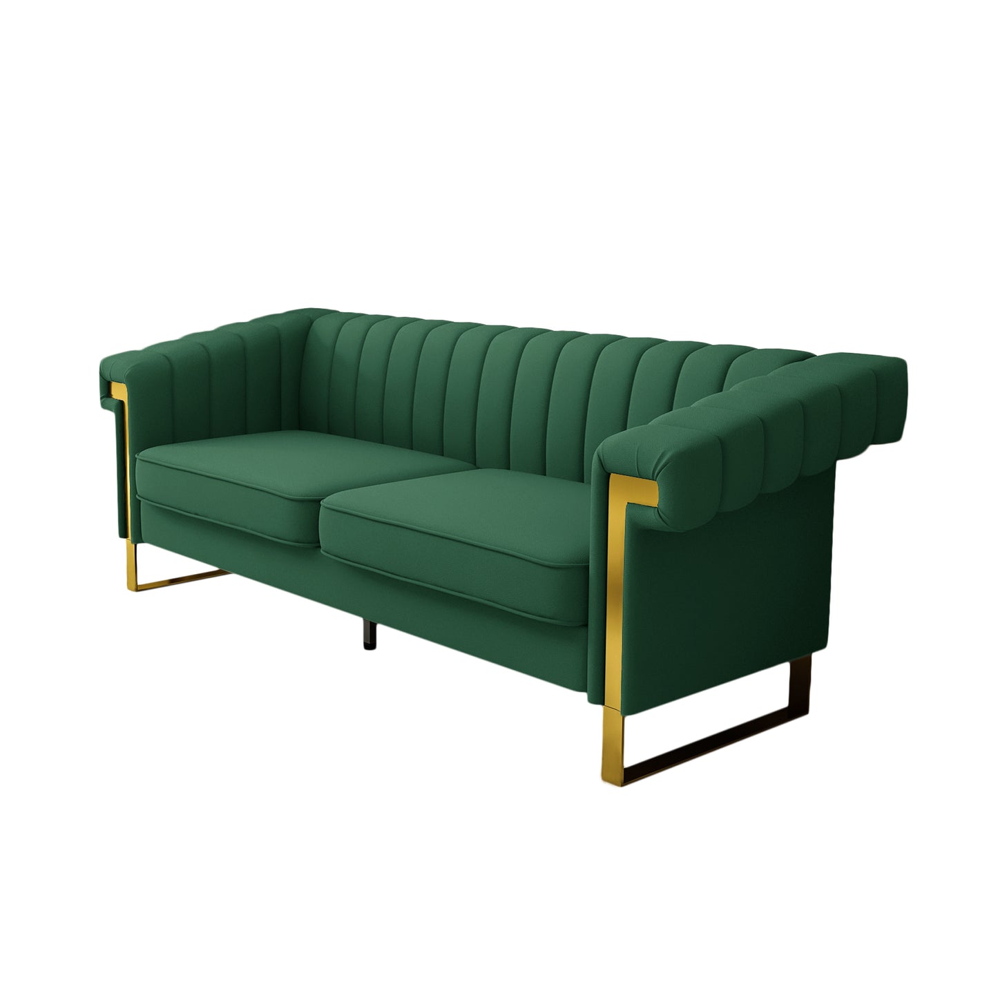 FX-P81PU-GR SOFA  Modern Green PU  Sofa with Gold Accents - Sleek Channel-Tufted Upholstery, 3-Seat Couch for Living Room and Office Decor(TEMU Suitable)