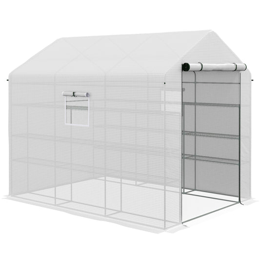 Outsunny 8' x 6' x 7' Walk-in Greenhouse with Mesh Door and Windows, 18 Shelf Green House with Trellis, Plant Labels, UV protective for Growing Flowers, Herbs, Vegetables, Saplings, White